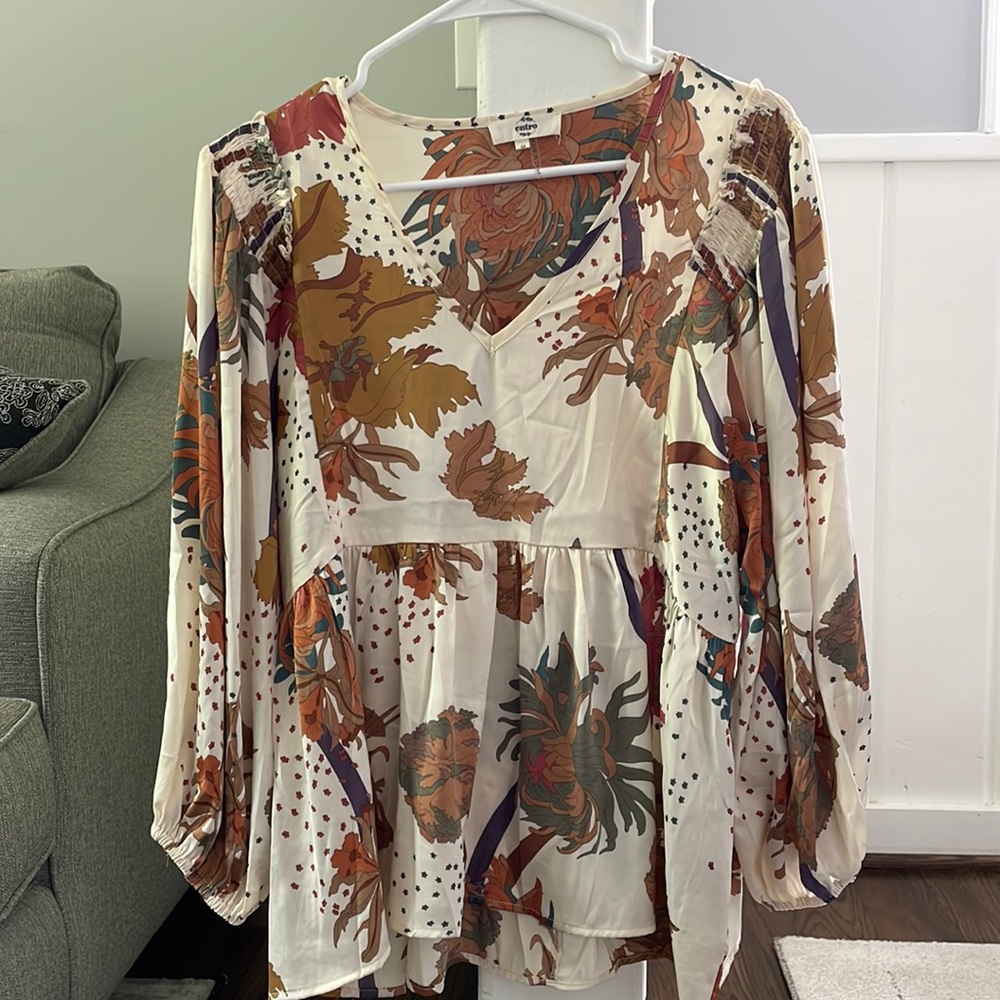 Entro Floral Print Blouse - Cream and Brown